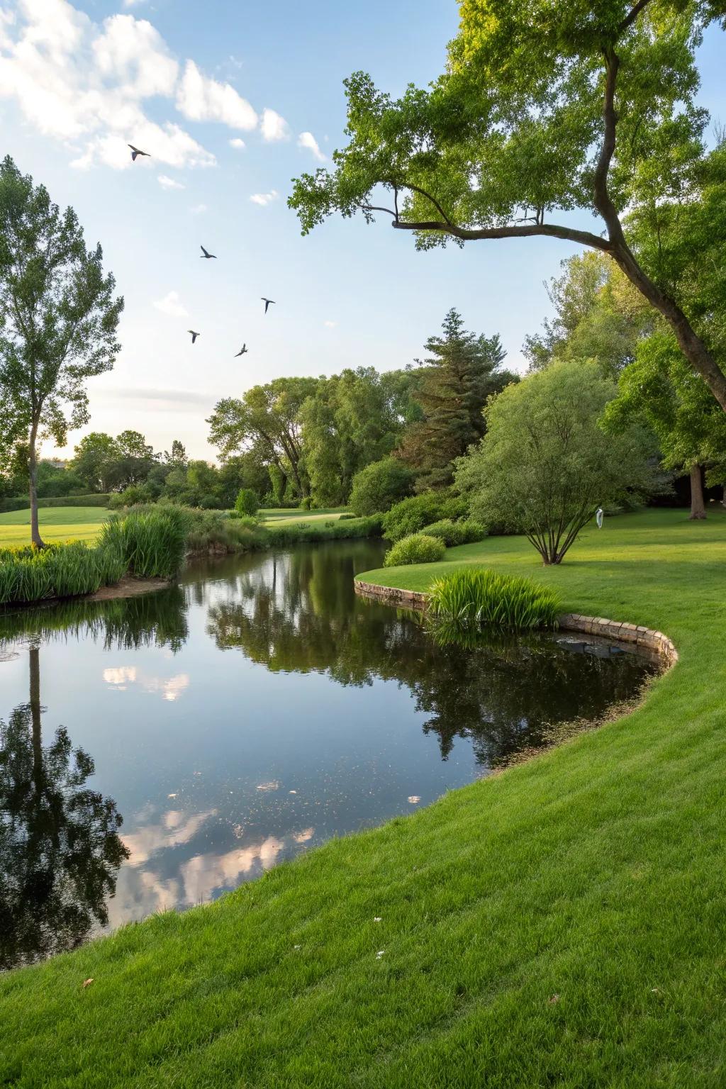 A harmonic integration of a pond with its lush green surroundings, creating a seamless vista.