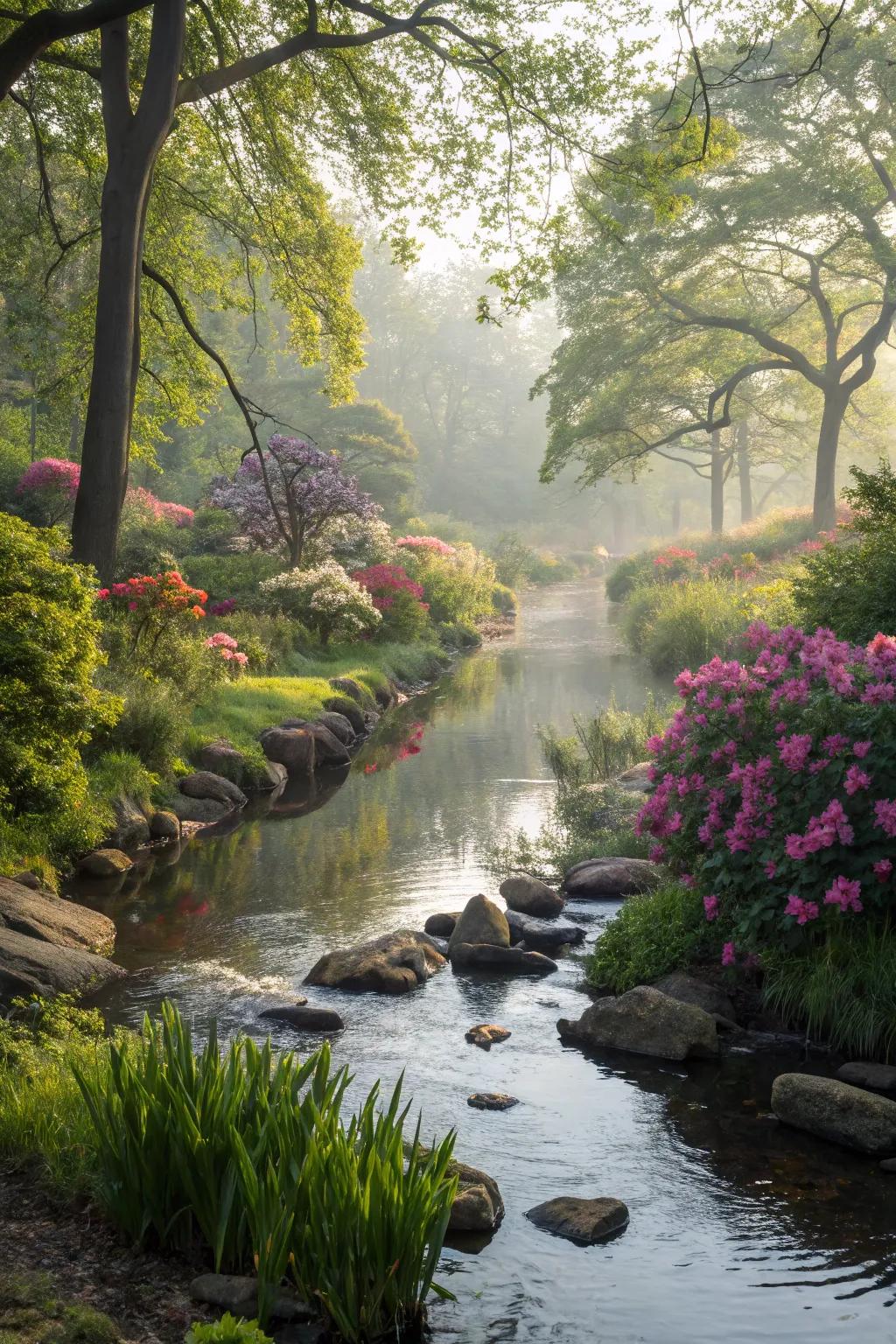 Fuse your stream with surrounding garden components for an organic visual.