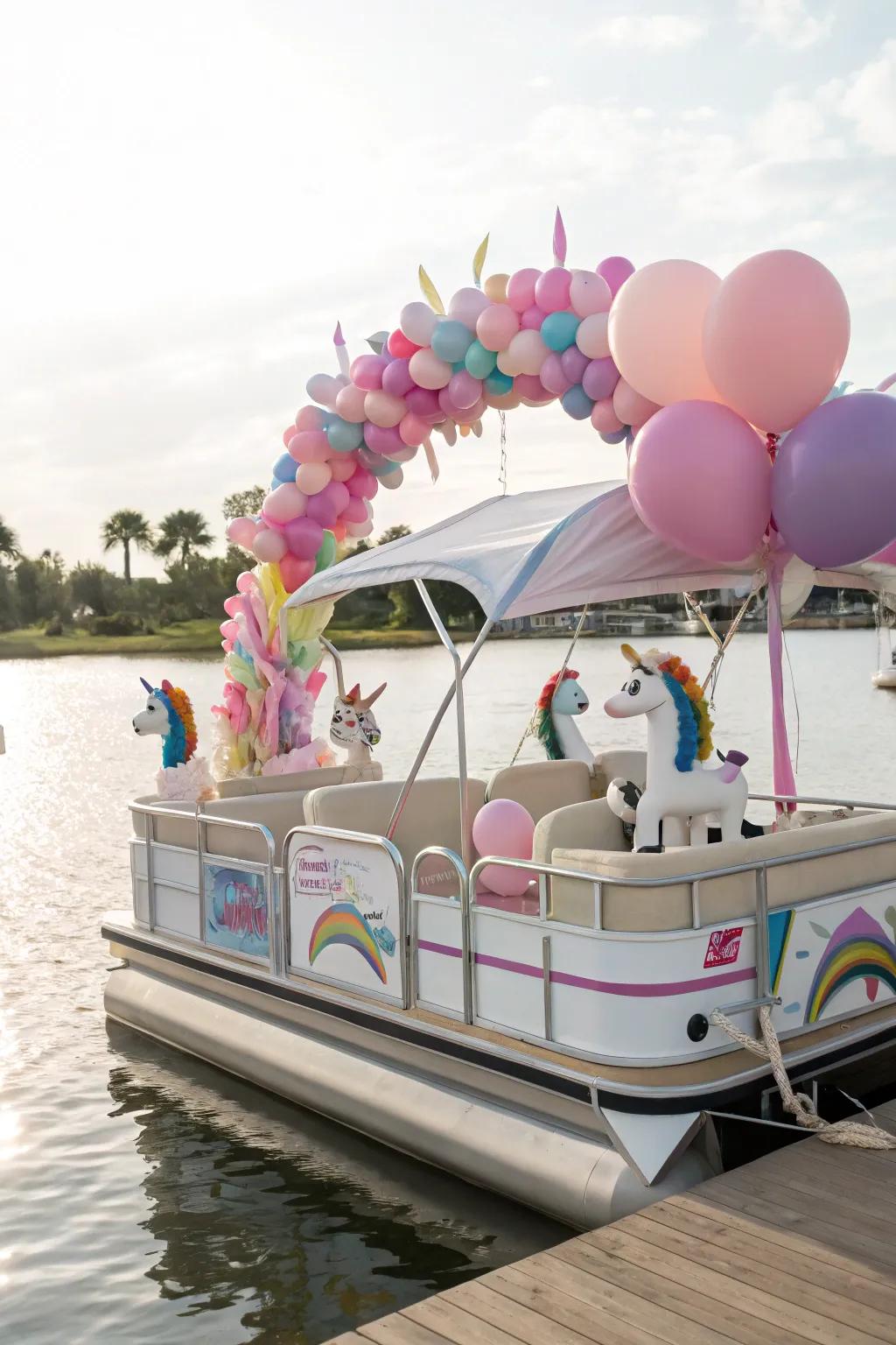 A whimsical-themed pontoon boat showcasing magical mythical steeds and arcs of color.