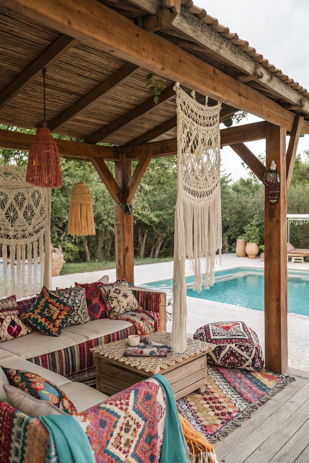 A free-spirited cabana with colorful textiles and woven art accents.