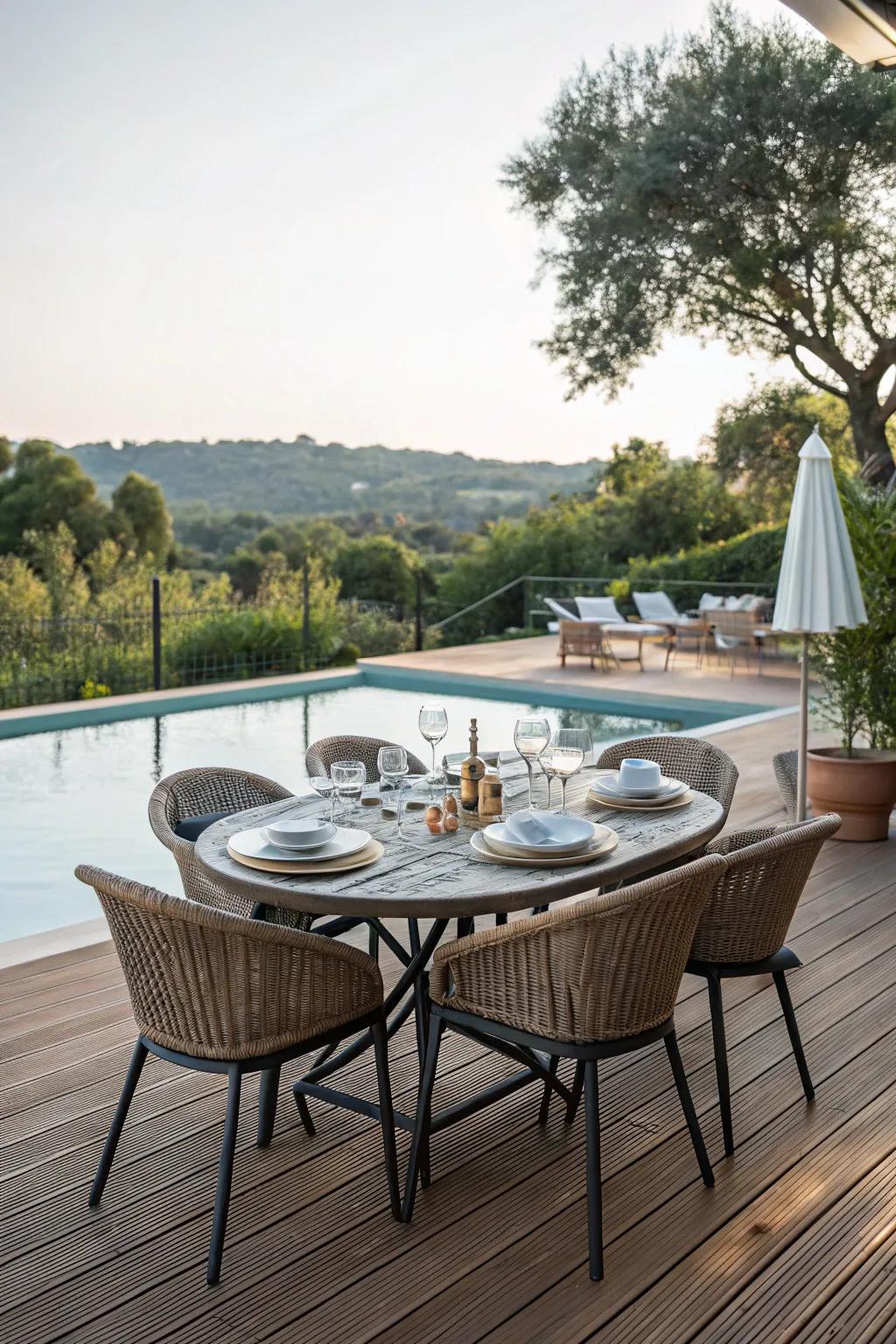 A chic dining area by the pool is ideal for entertaining guests.