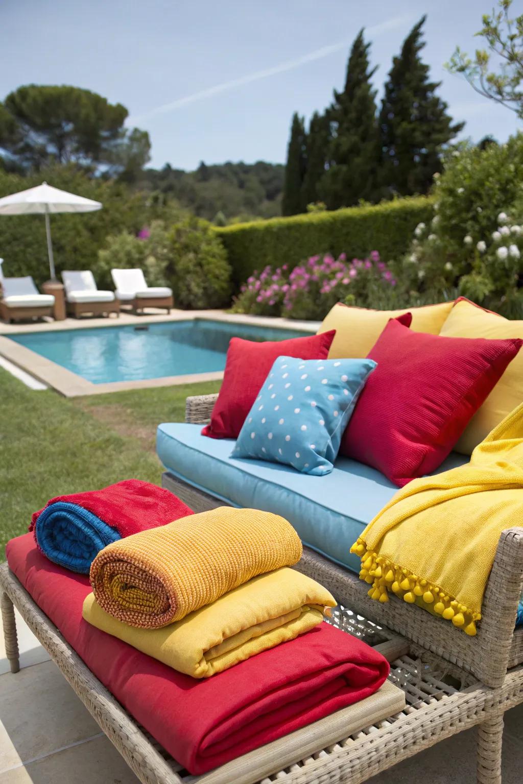 Brighten up your pool deck with colorful cushions.