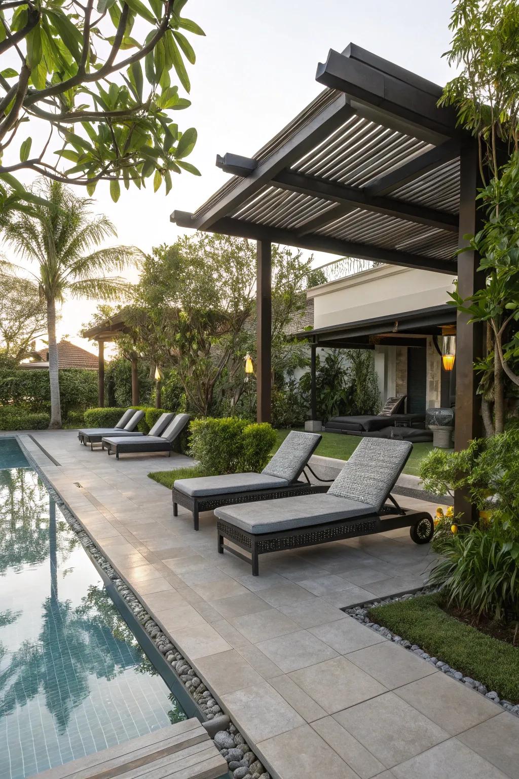 A thoughtfully designed deck zone enhances the poolside delight.