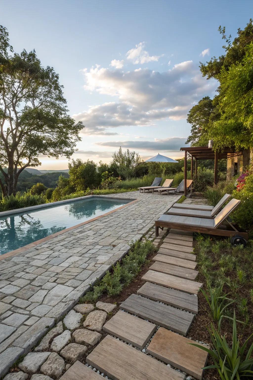 Mixed materials cultivate a distinctive and personalized poolside aesthetic.