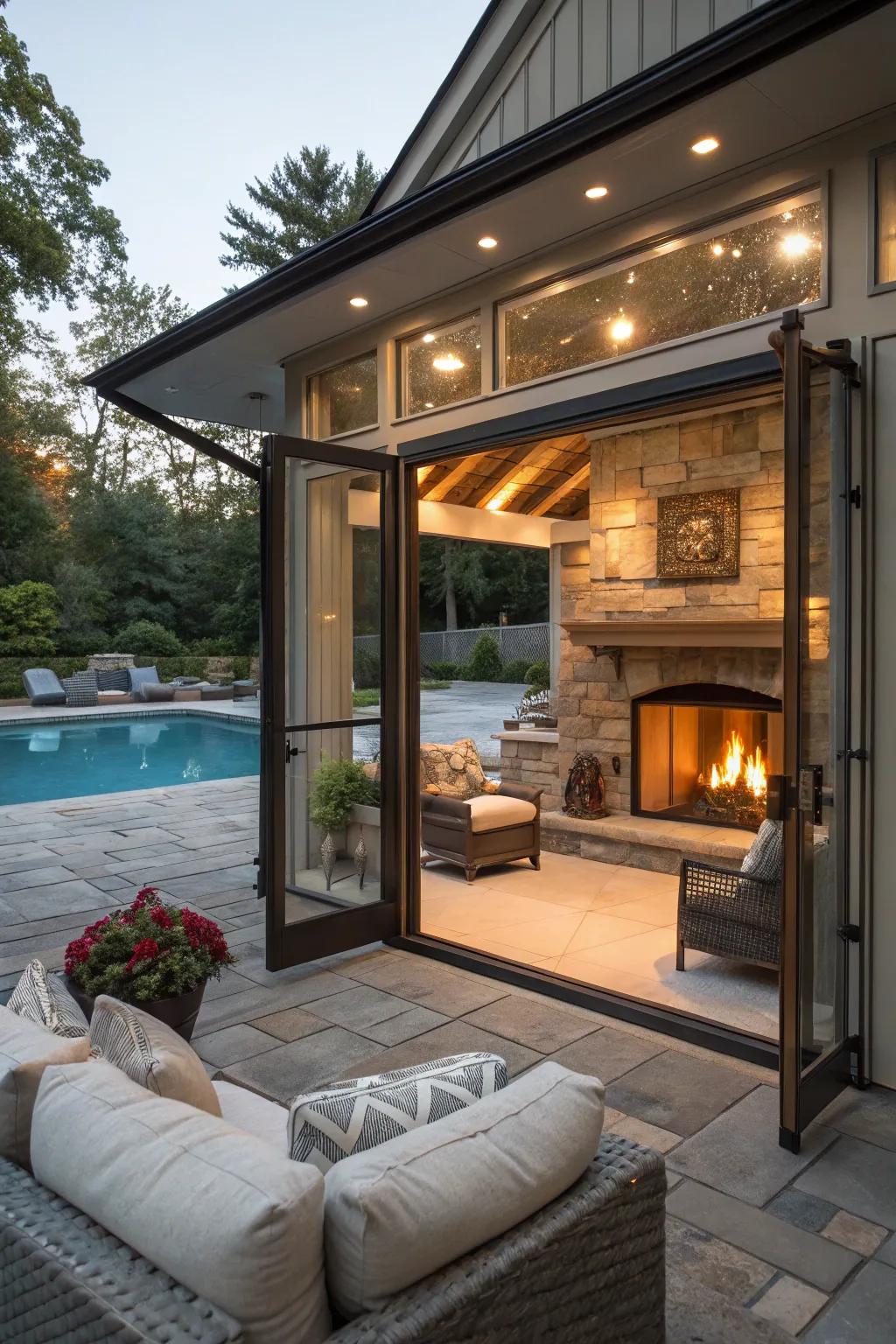 A hearth feature in your shelter adds warmth and ambiance to cool evenings.