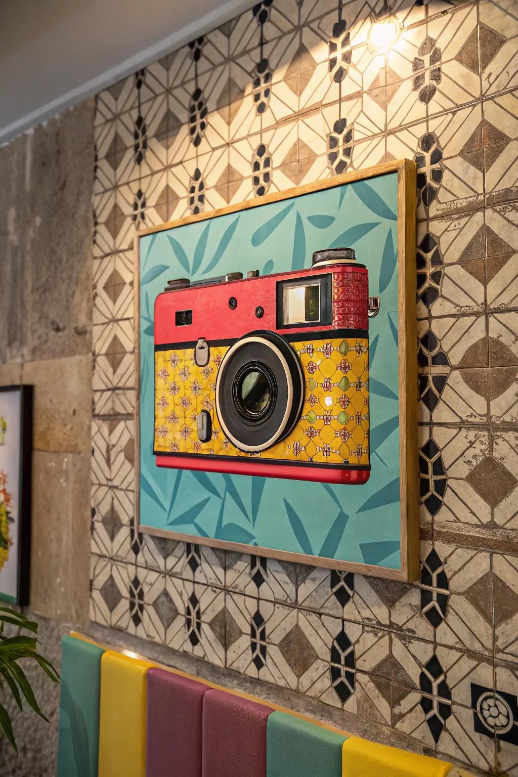 A pop art painting of a retro camera gives nostalgic charm.