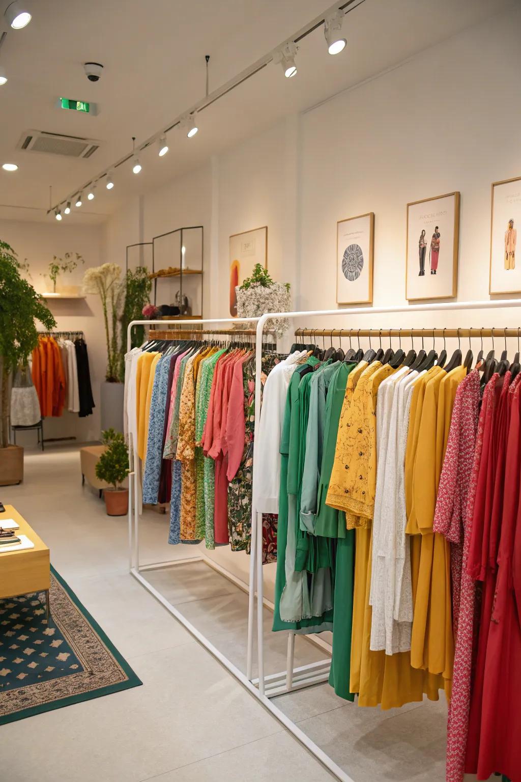 Classy apparel hangers enhance the presentation of garments in a temporary store.