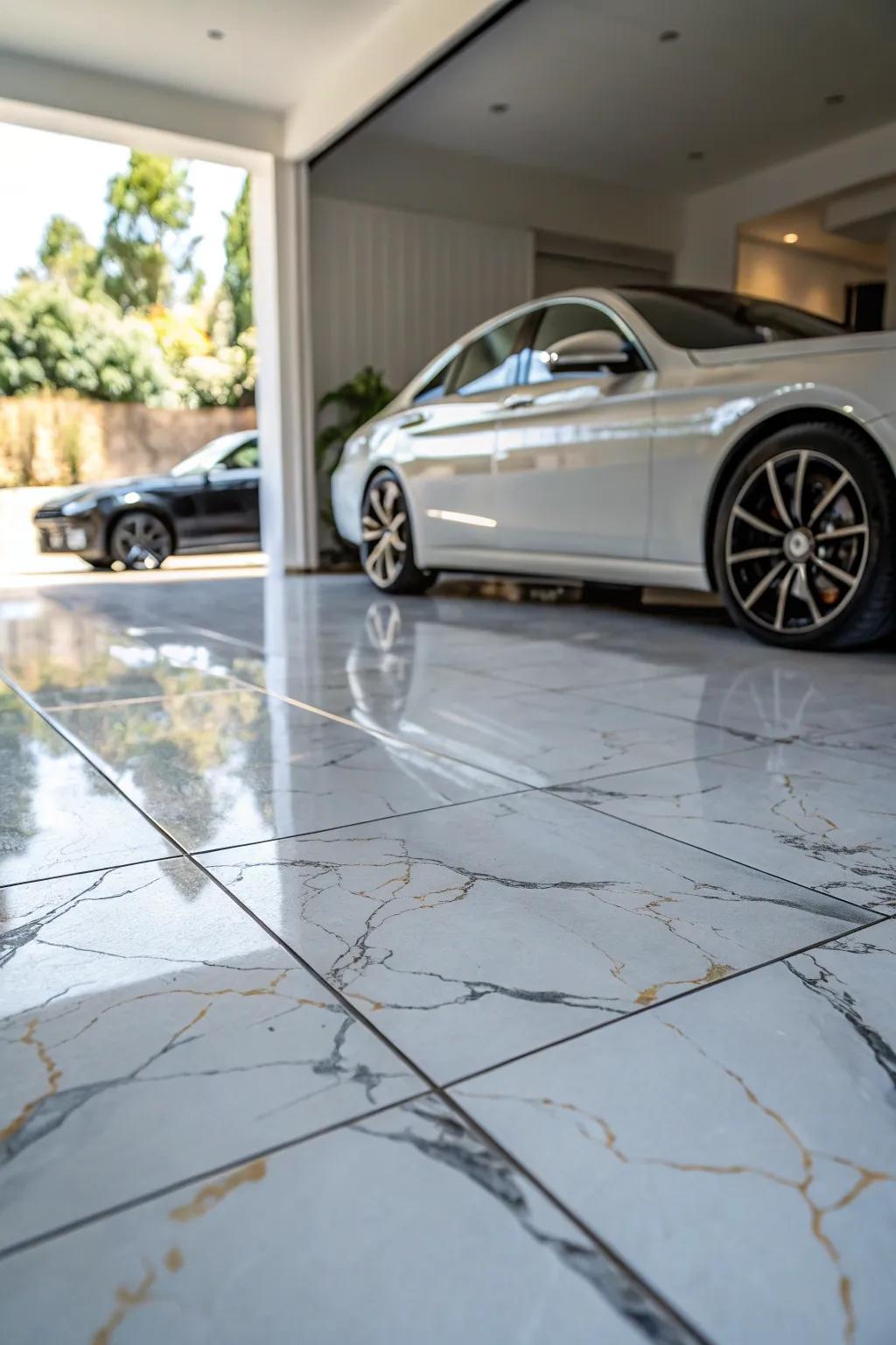 Introduce luxury to your garage with marble-look porcelain squares.
