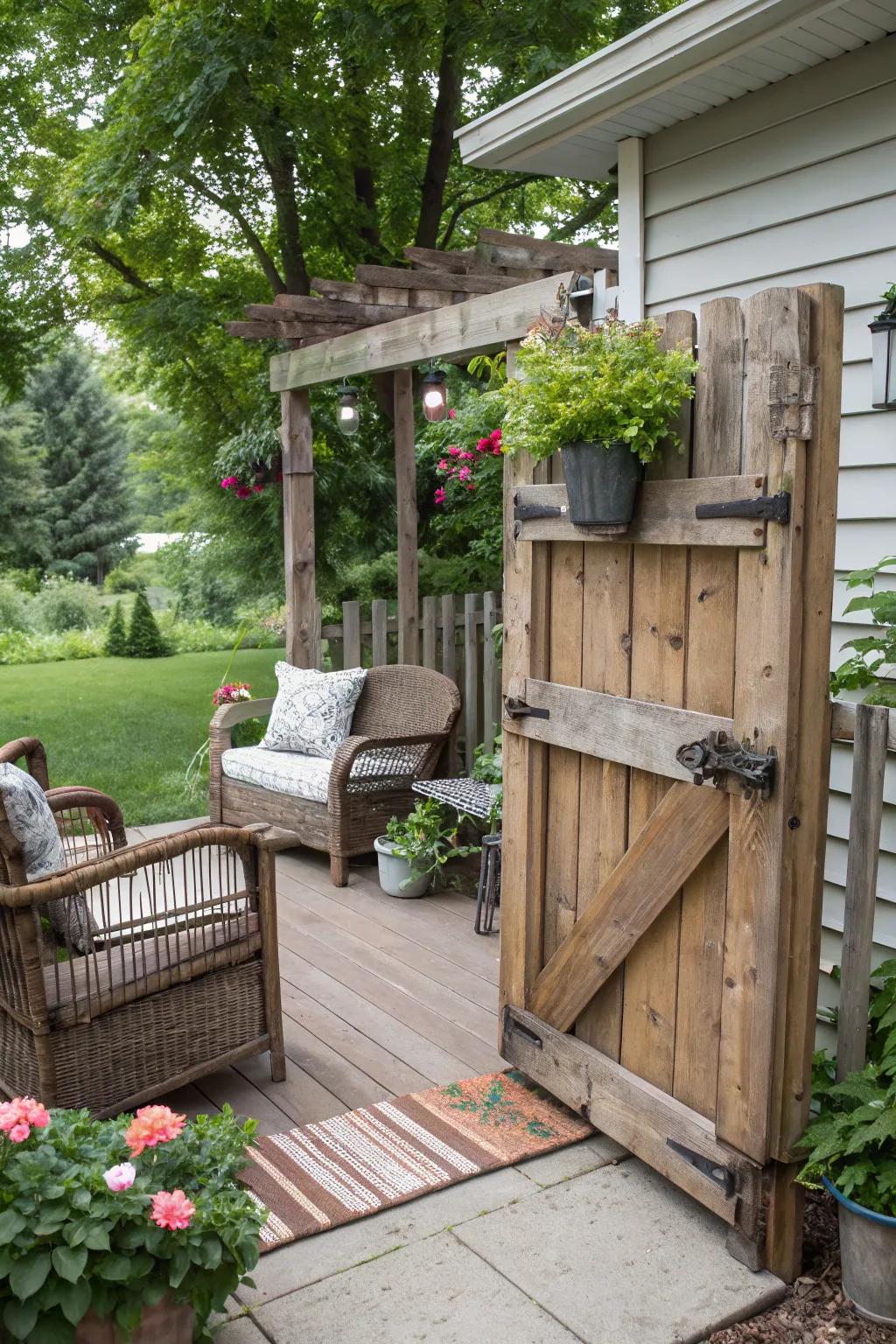 A DIY pallet gate introduces rustic charm without straining your budget.