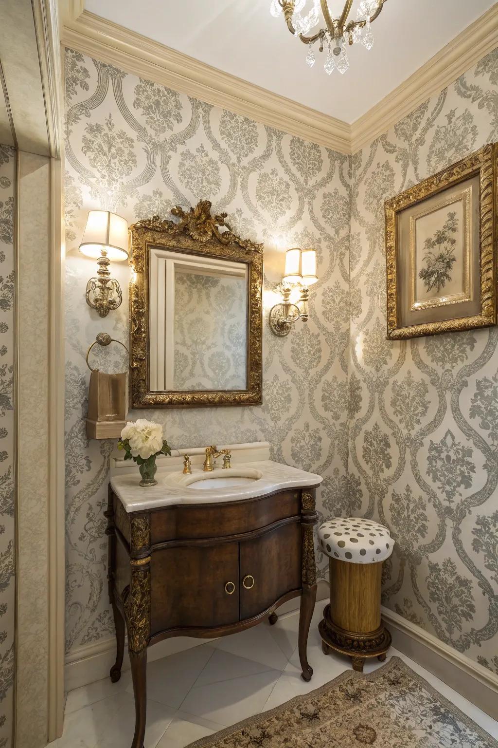 Damask patterns give your guest bath vintage allure and grace.