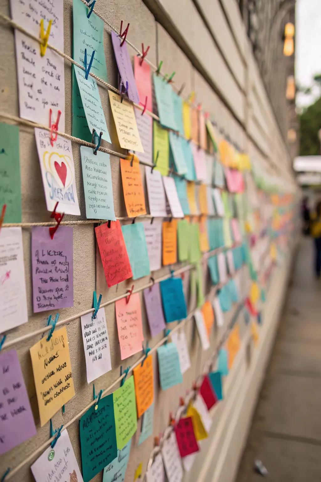 A rainbow prayer wall made of prayer cards.