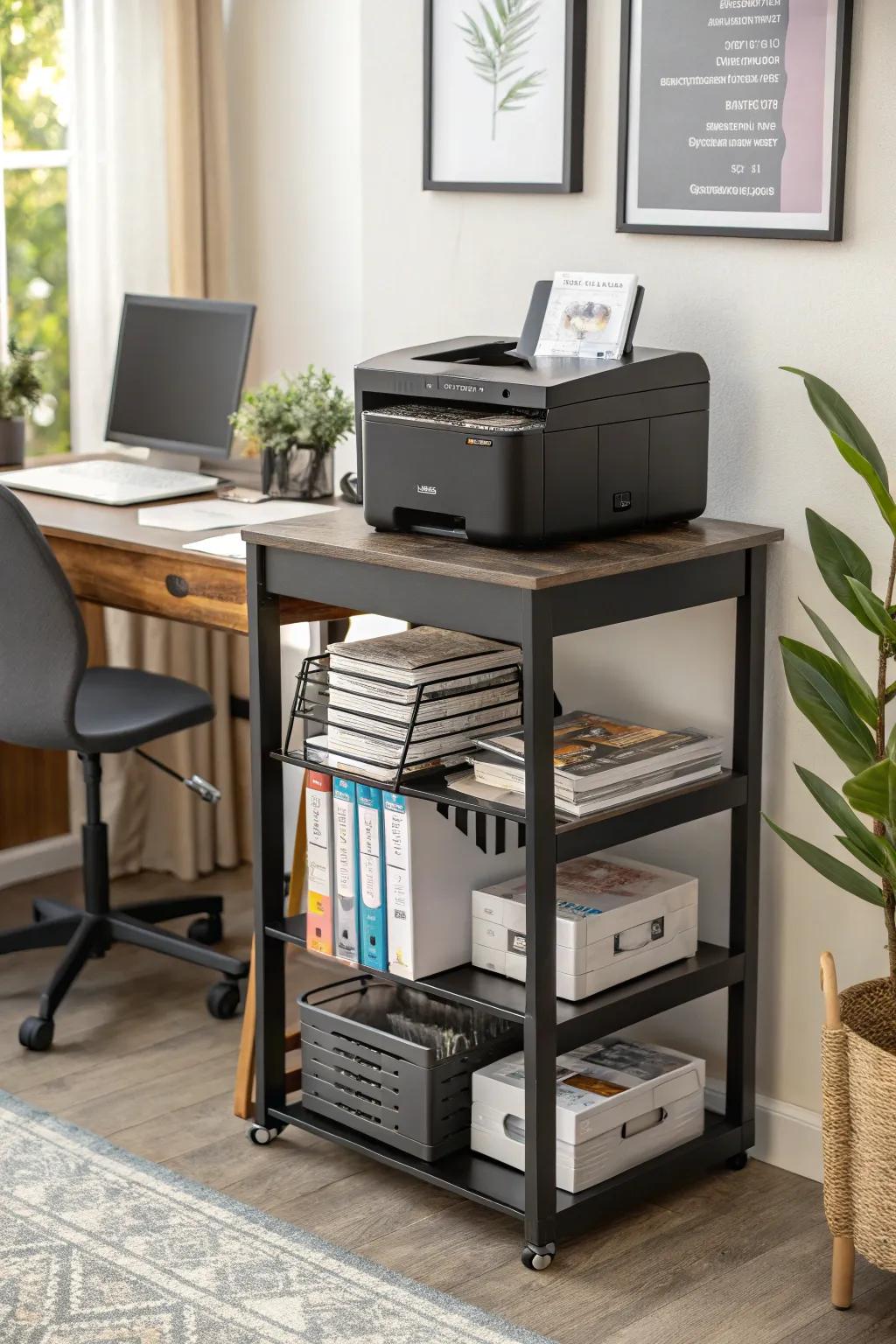 A printer stand with built-in storage keeps paper conveniently at hand.