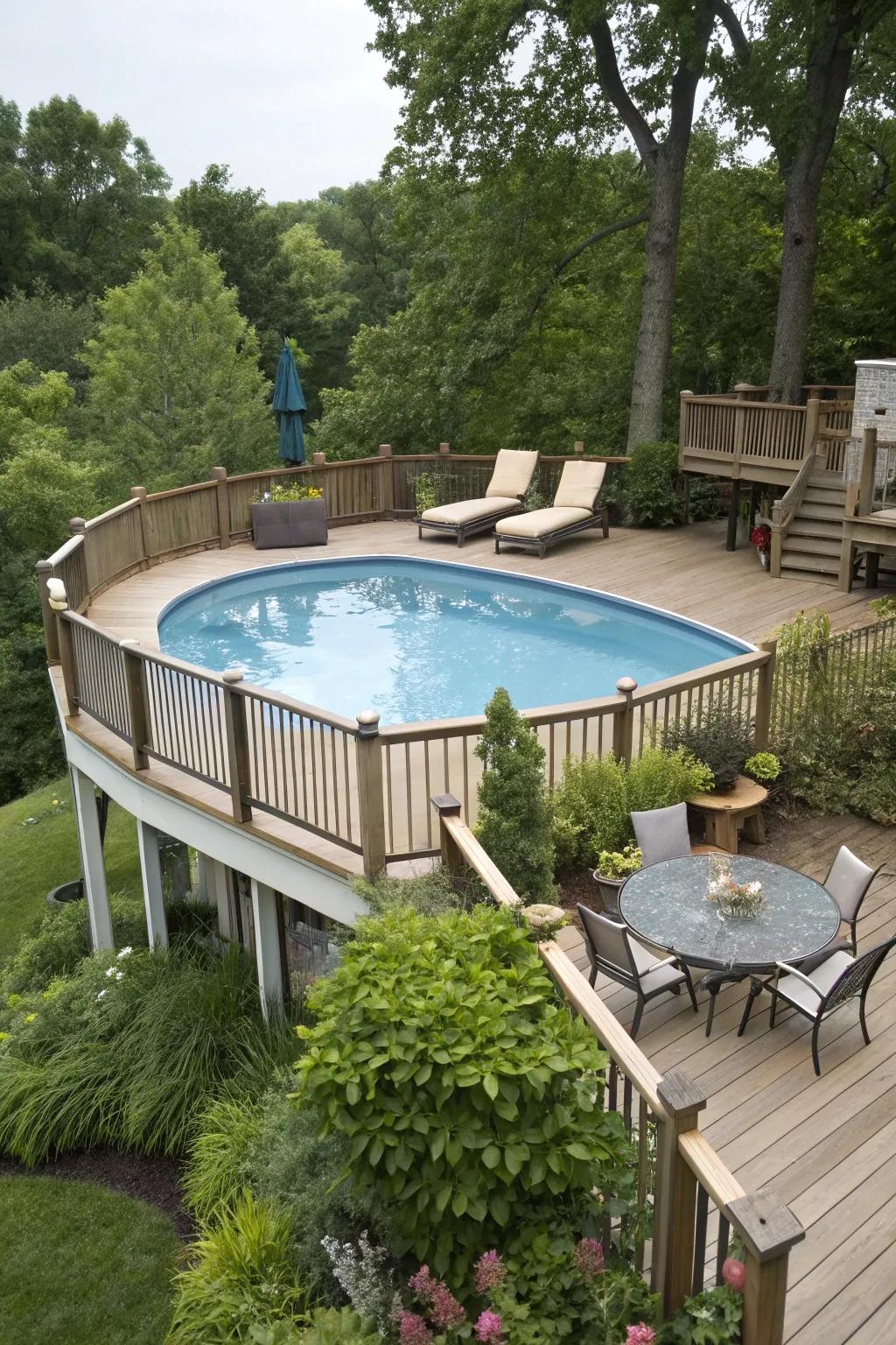 A raised deck enriches privacy and ease of access for your pool.