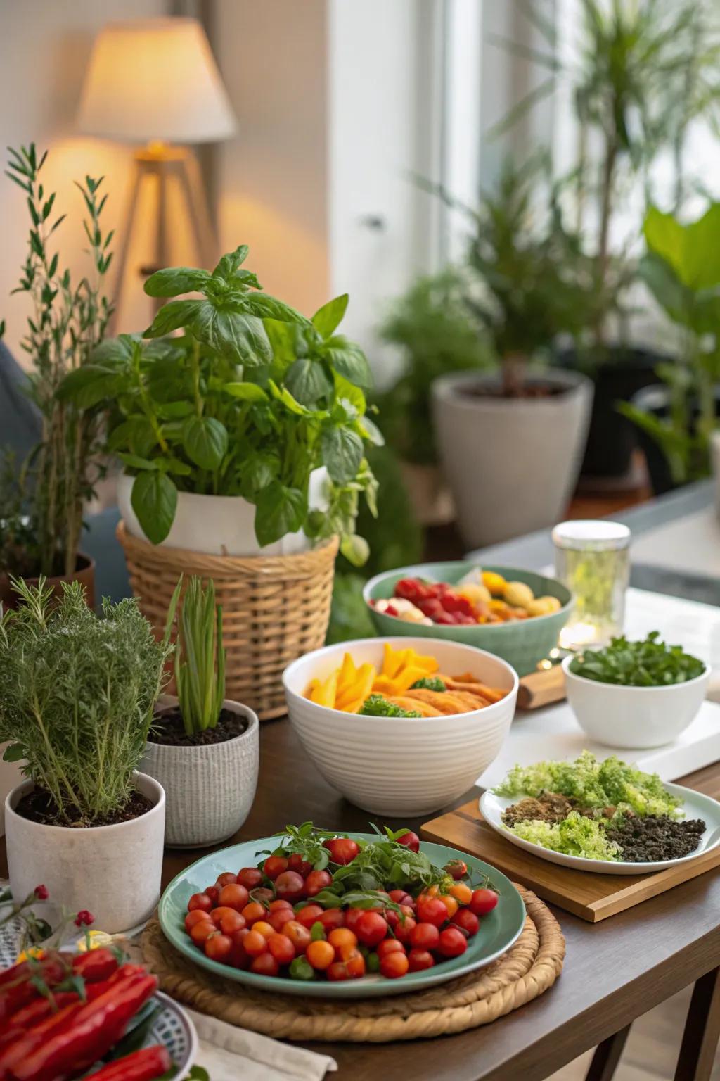 A dining table showcasing dishes prepared with fresh garden produce, complemented by potted plants and herbs.