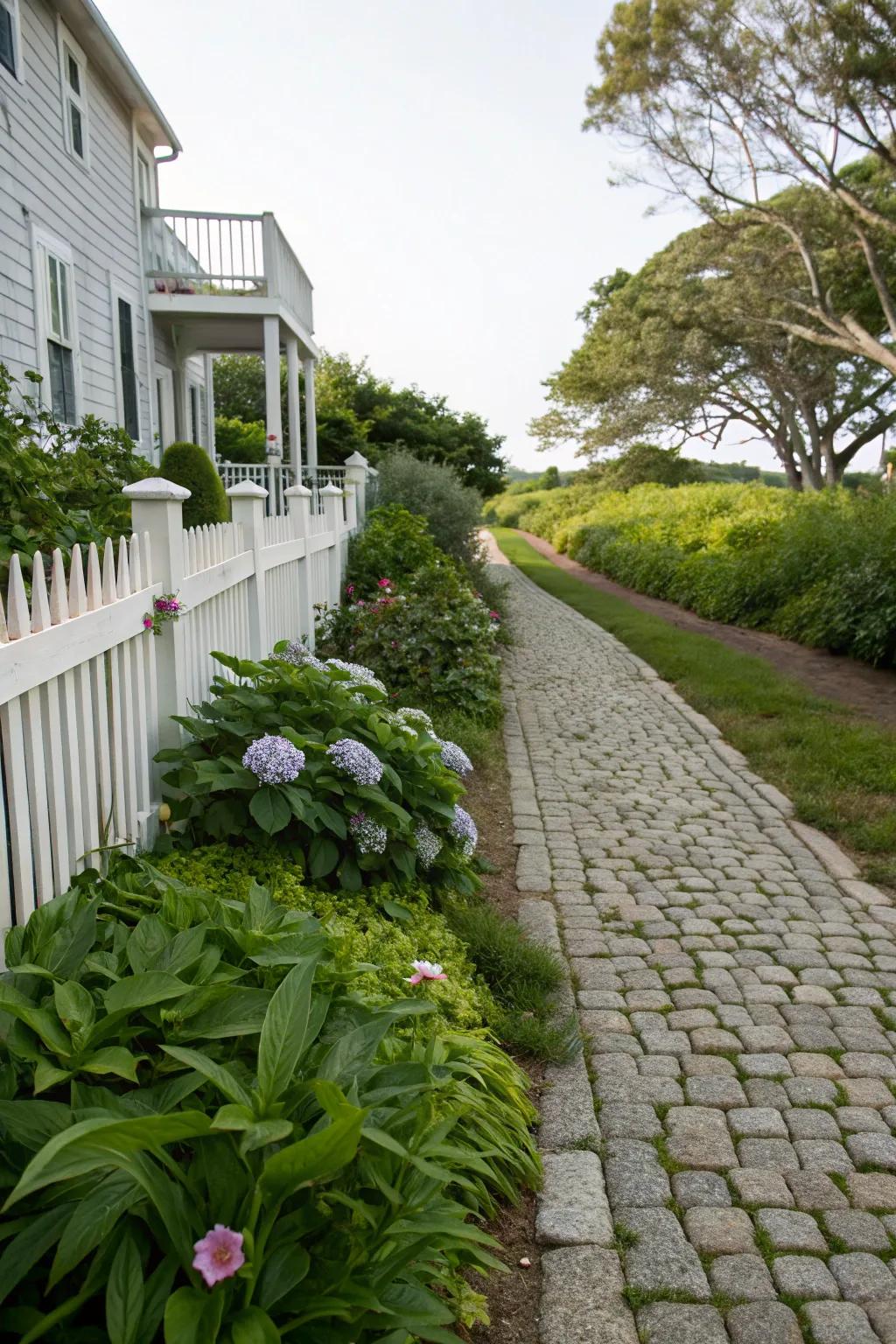 Pathway drawing the eye along the garden boundary.