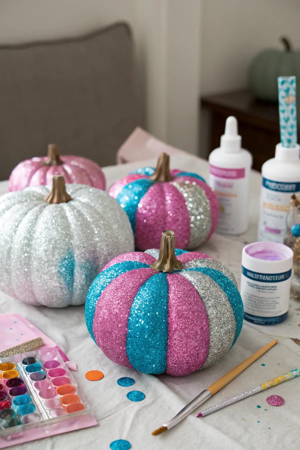 Pumpkins shimmering and sparkling under a coat of glitter.