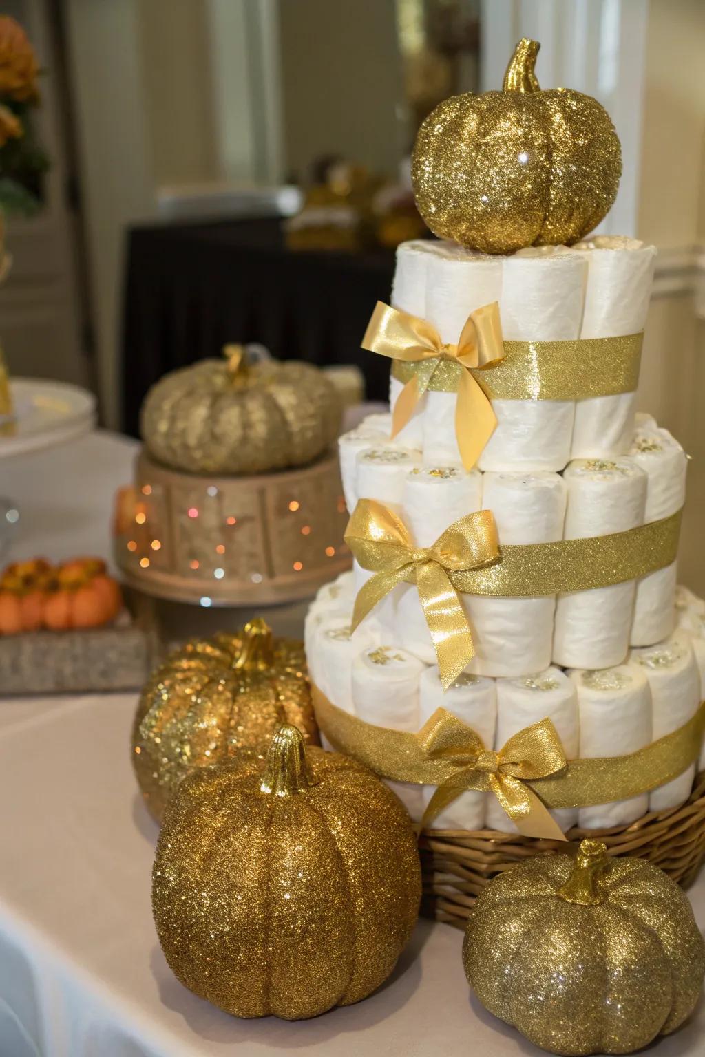 Gilded and gleaming gourd nappy cakes inject an air of sophistication into your design.