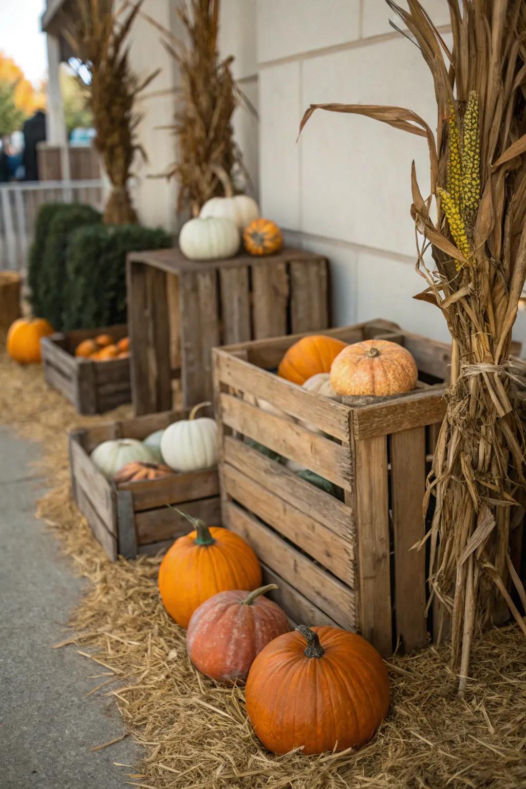 A rustic pumpkin display enriched by wooden crates and natural components.