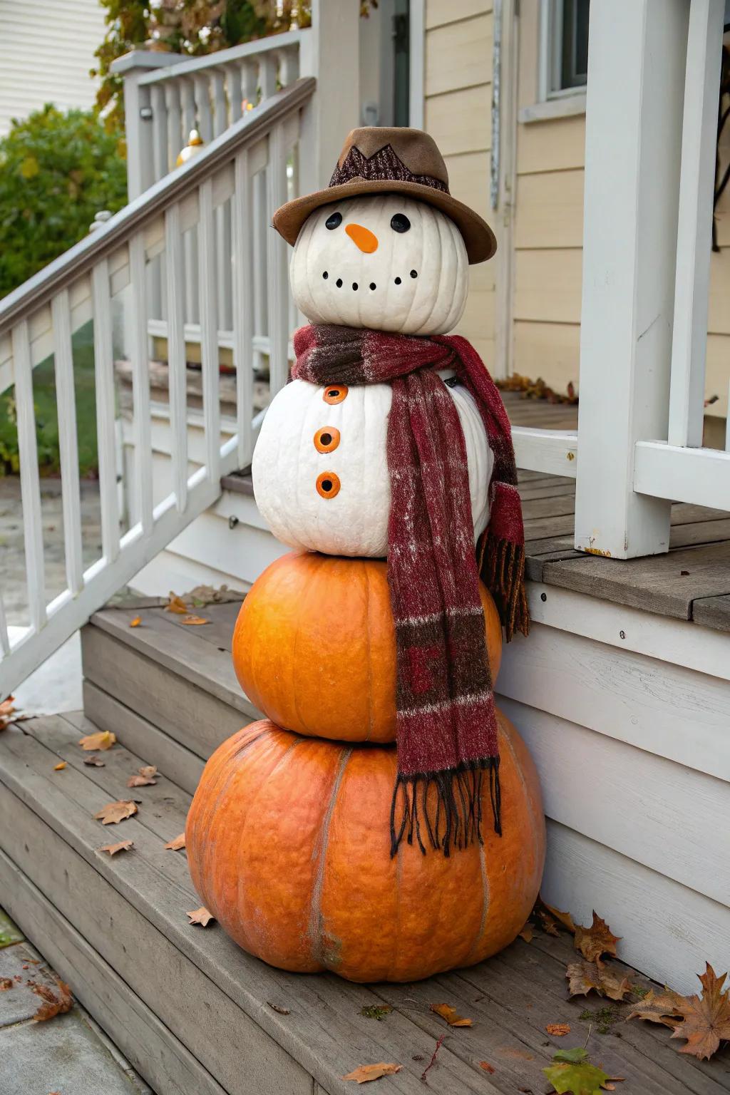 A playful snowman constructed from stacked gourds.