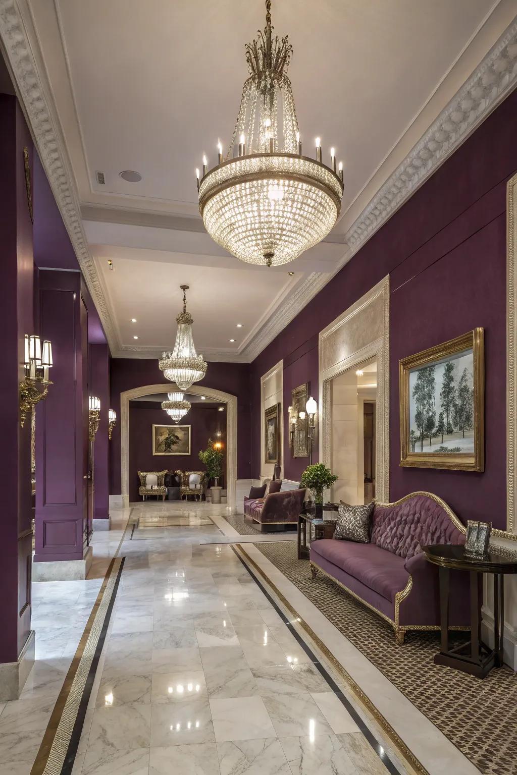 A luxurious entryway adorned with deep purple walls.