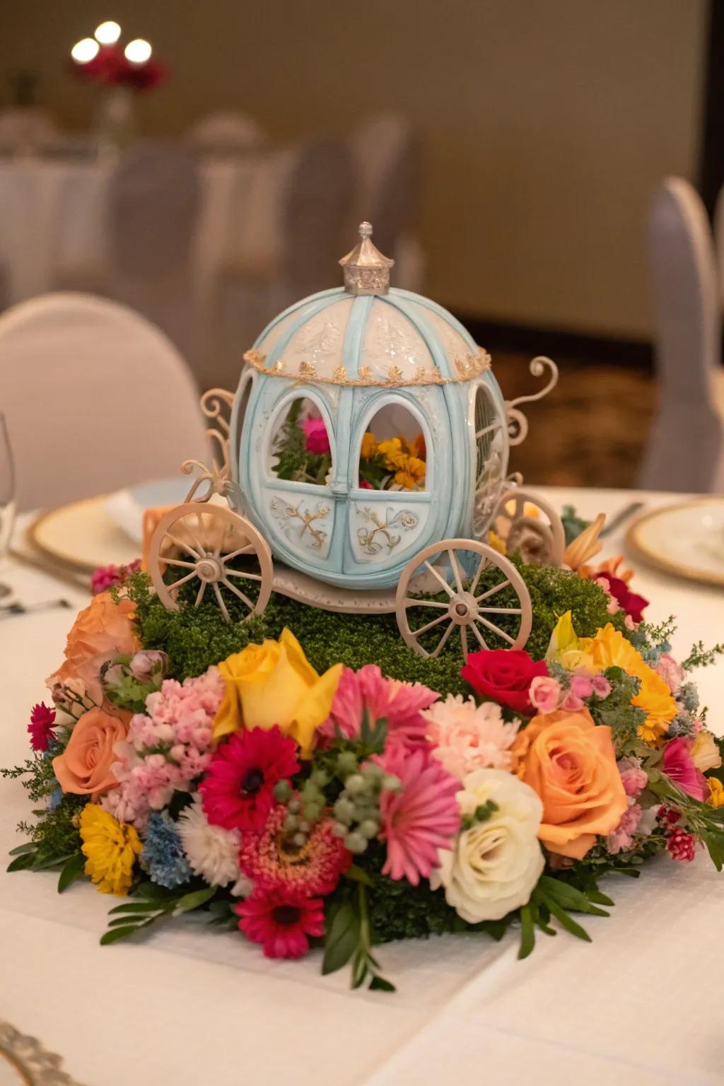 Cinderella carriages deliver a whimsical fairy-tale aspect to the decor.