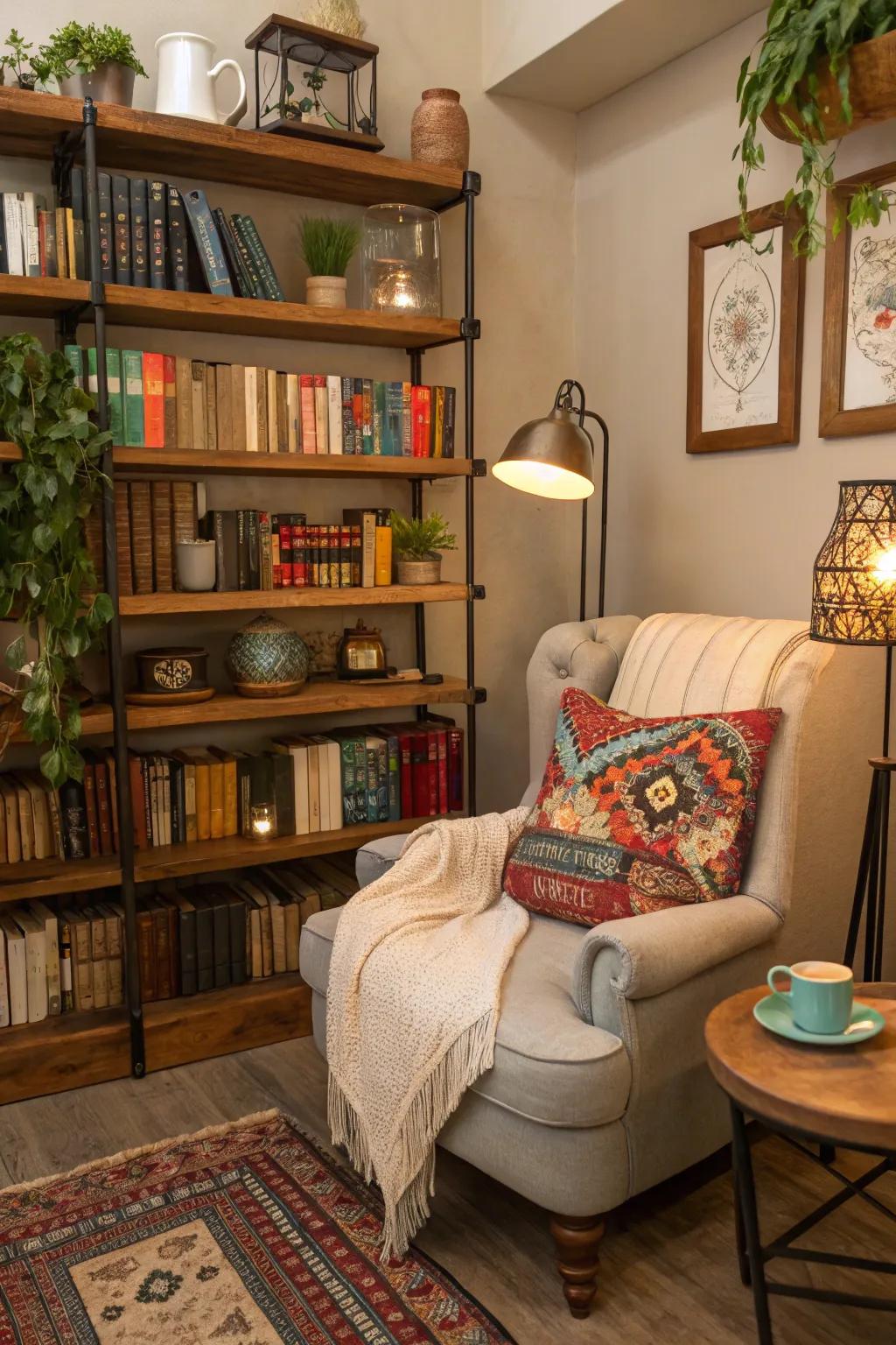 A welcoming and eclectic nook perfect for reading.