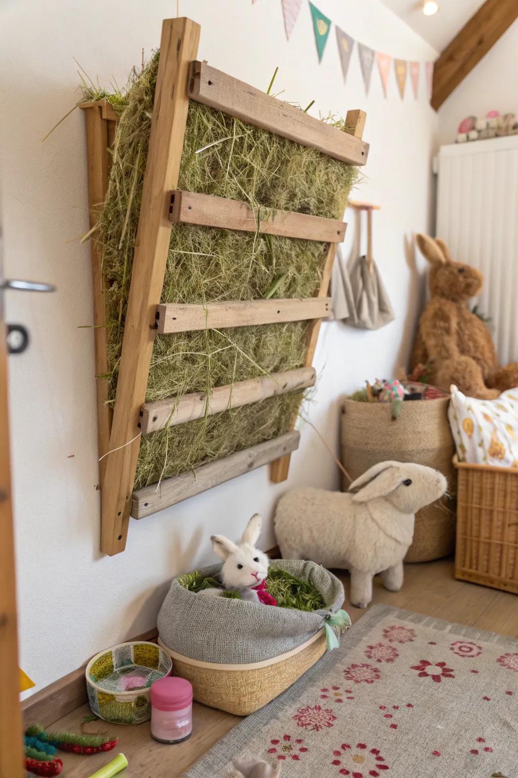A custom-made hay rack designed for easy access for your rabbits.