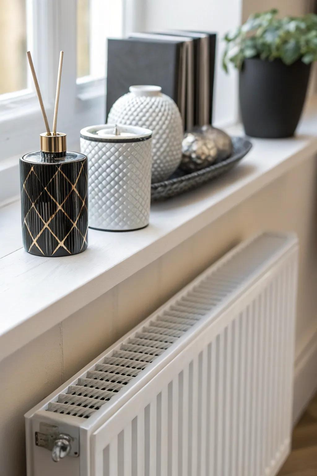 Elegance is often found in simplicity, especially with a minimalist approach to radiator shelf decor.