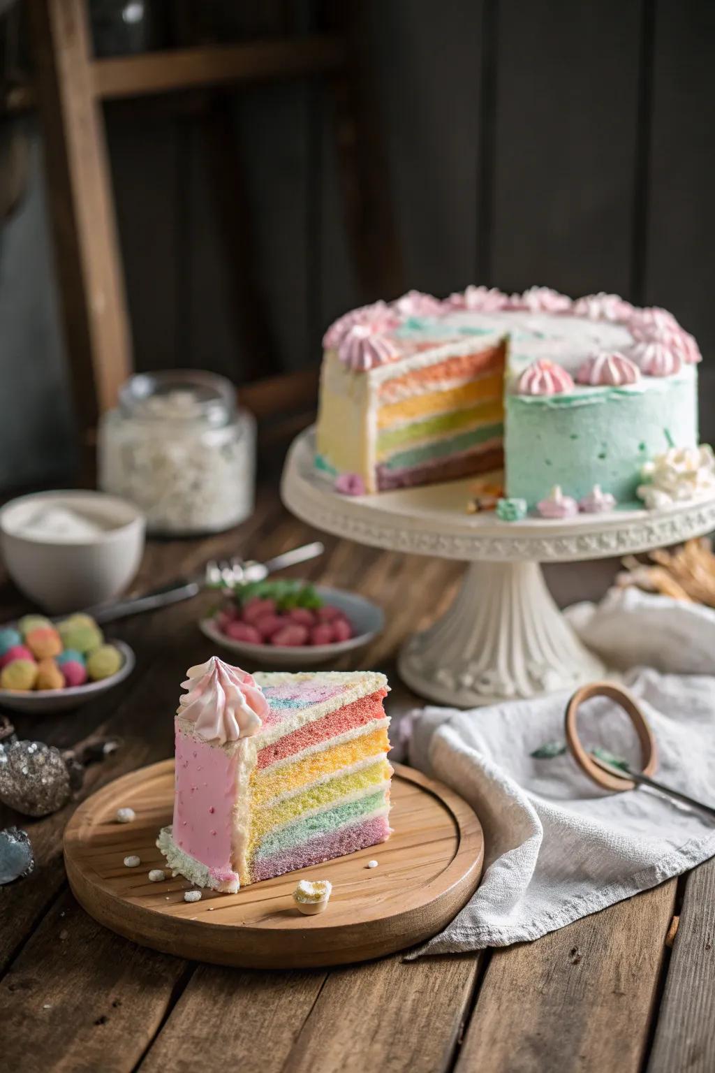 Pastel strata impart a gentle elegance to the spectrum confection.
