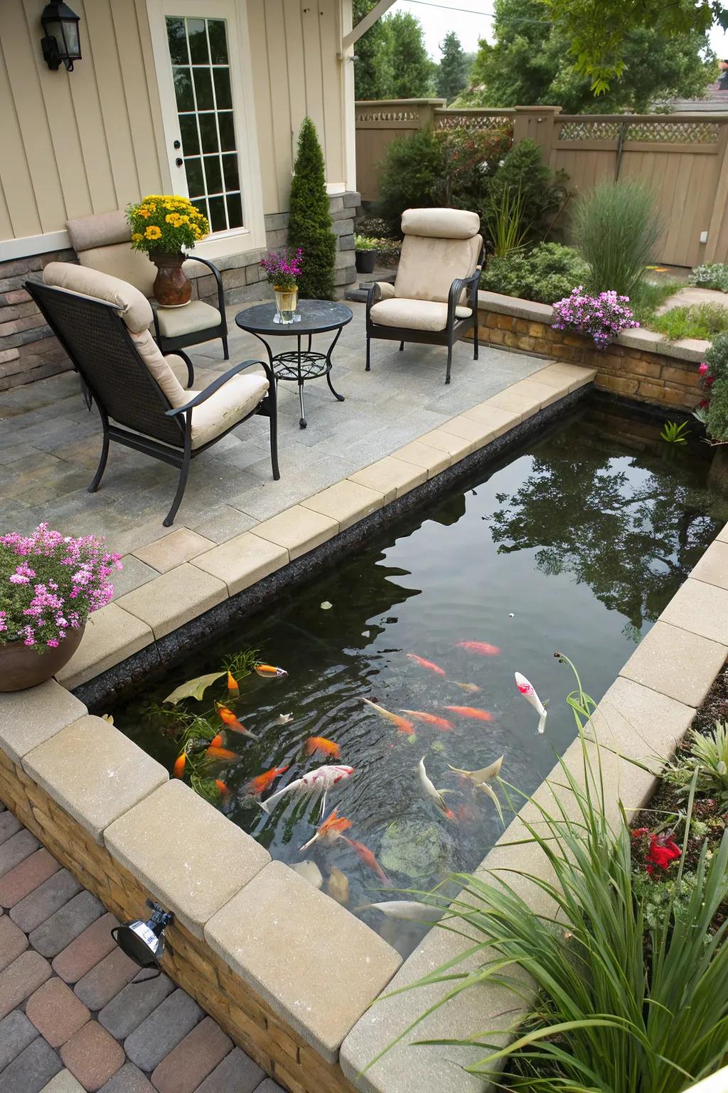 A raised koi pond completely positioned beside a comfy outdoor patio.