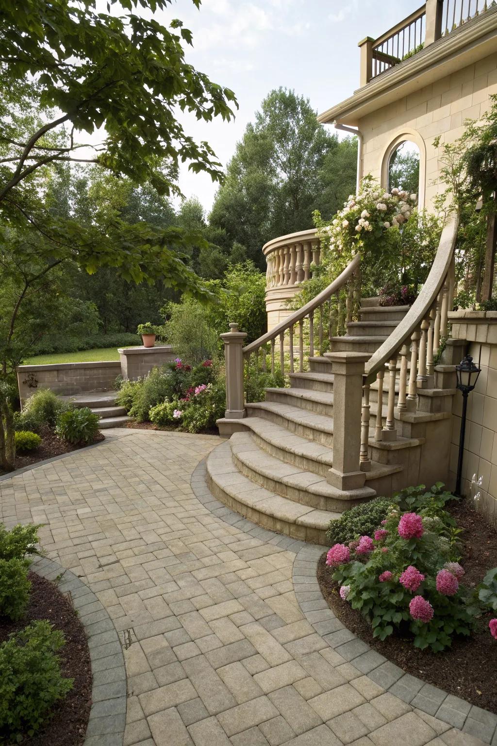 Staircases infuse elegance and utility into multi-tiered patios.