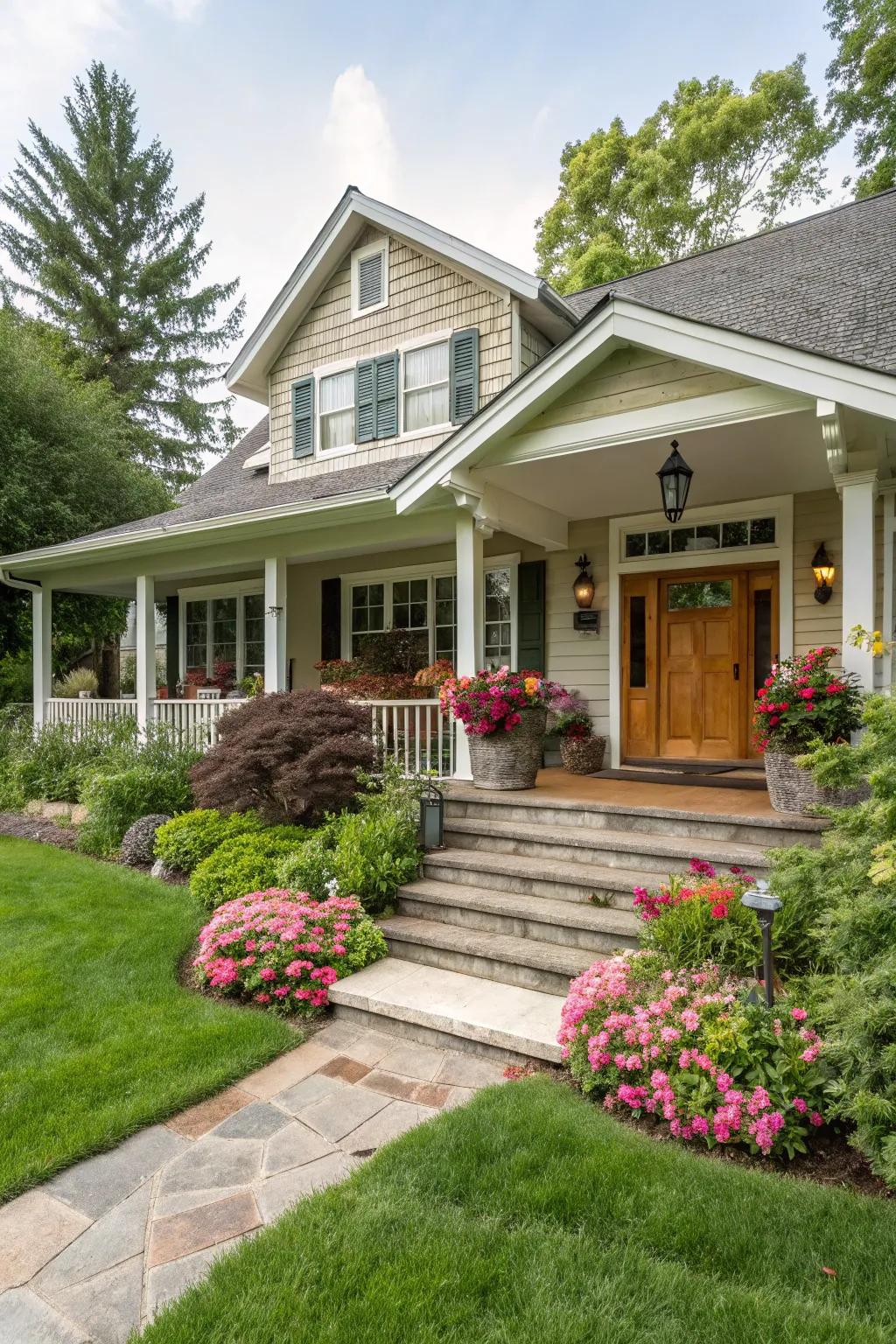 An overhanging entryway adds character to this charming ranch-style home.