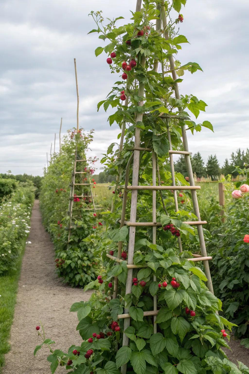 A vertical trellis fosters ascendant expansion and solar assimilation.