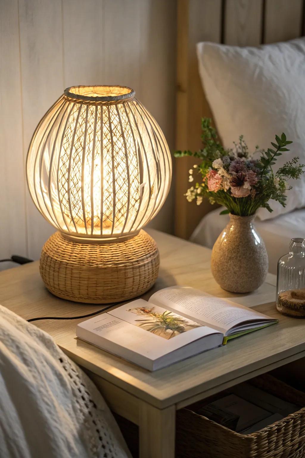 A rattan lamp adds a cozy glow to your bedroom.