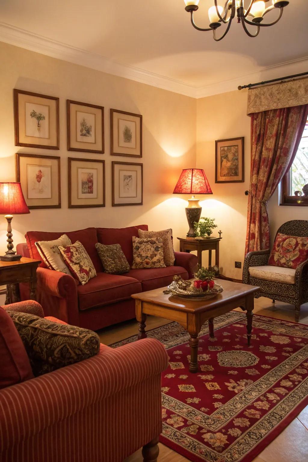 Warm lighting amplifies the cozy vibe of a scarlet and chestnut living room.