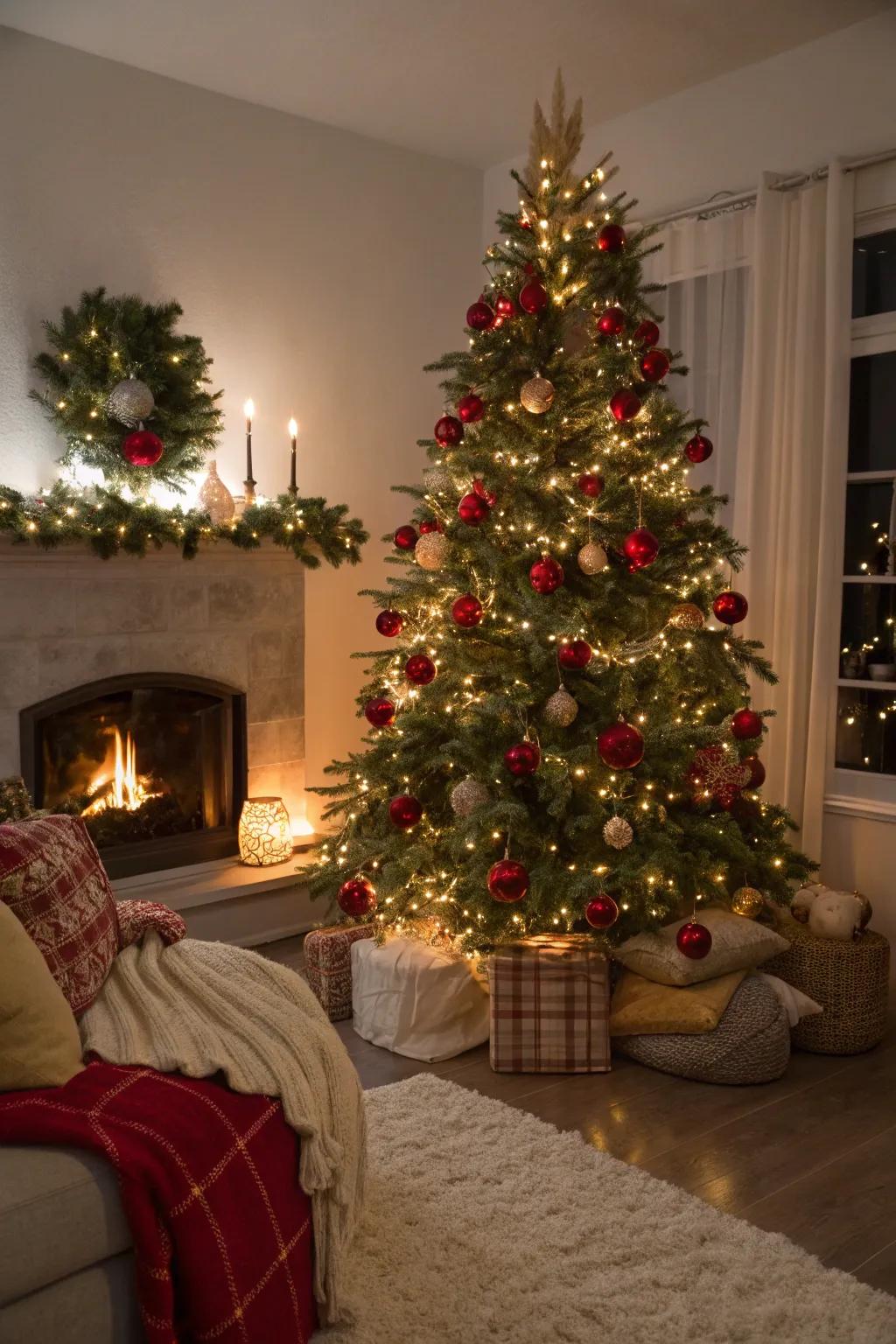 Warm ivory bulbs beautifully accentuate the crimson and golden theme.