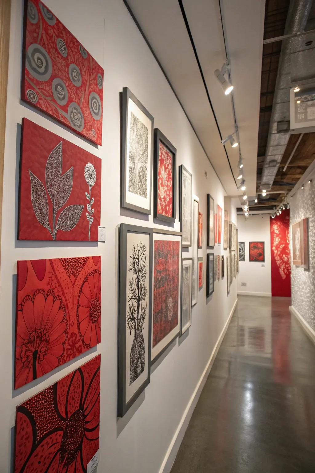 A gallery wall displaying crimson and grey art.