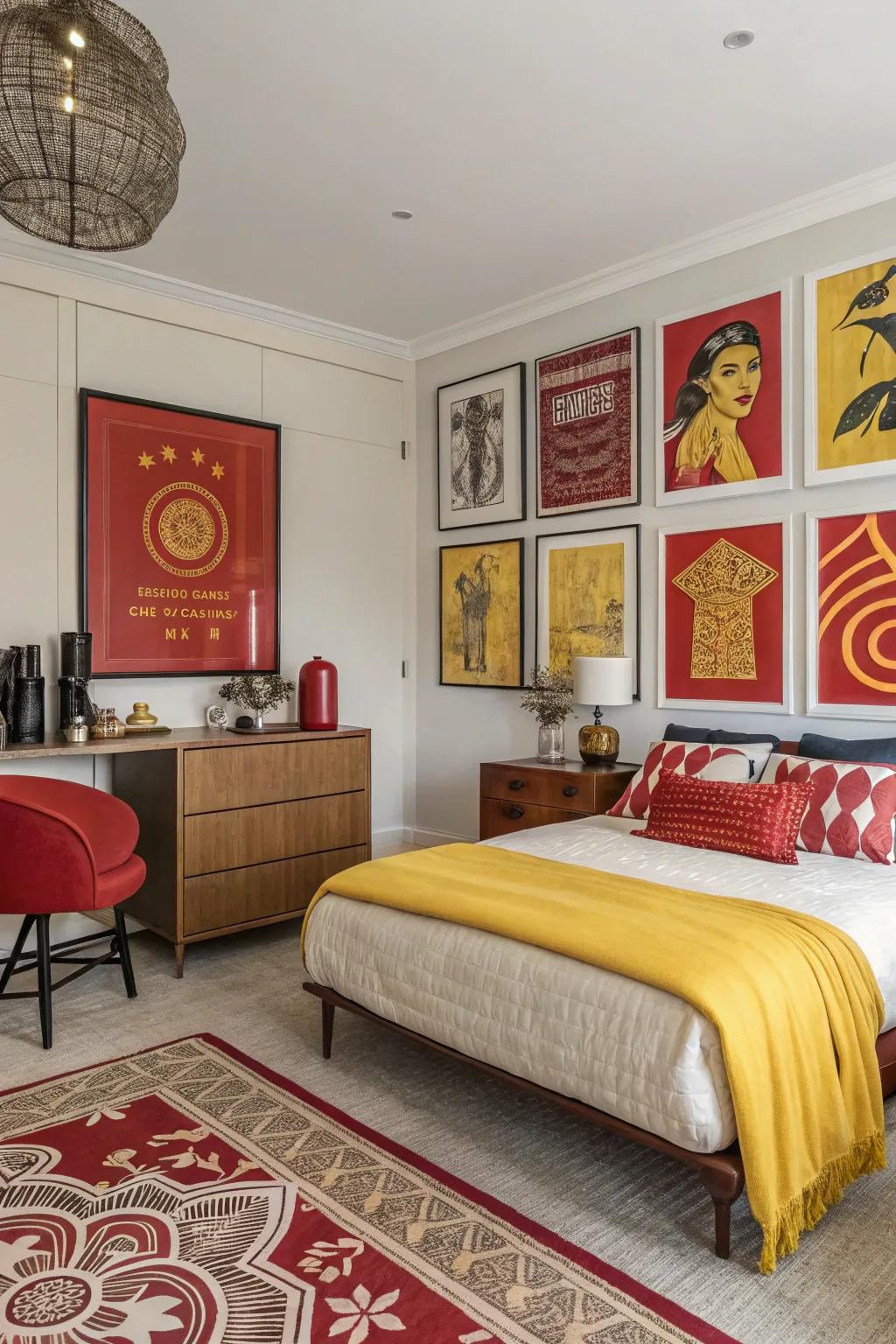 Art in crimson and gold anchors the design, unifying all elements within the room.