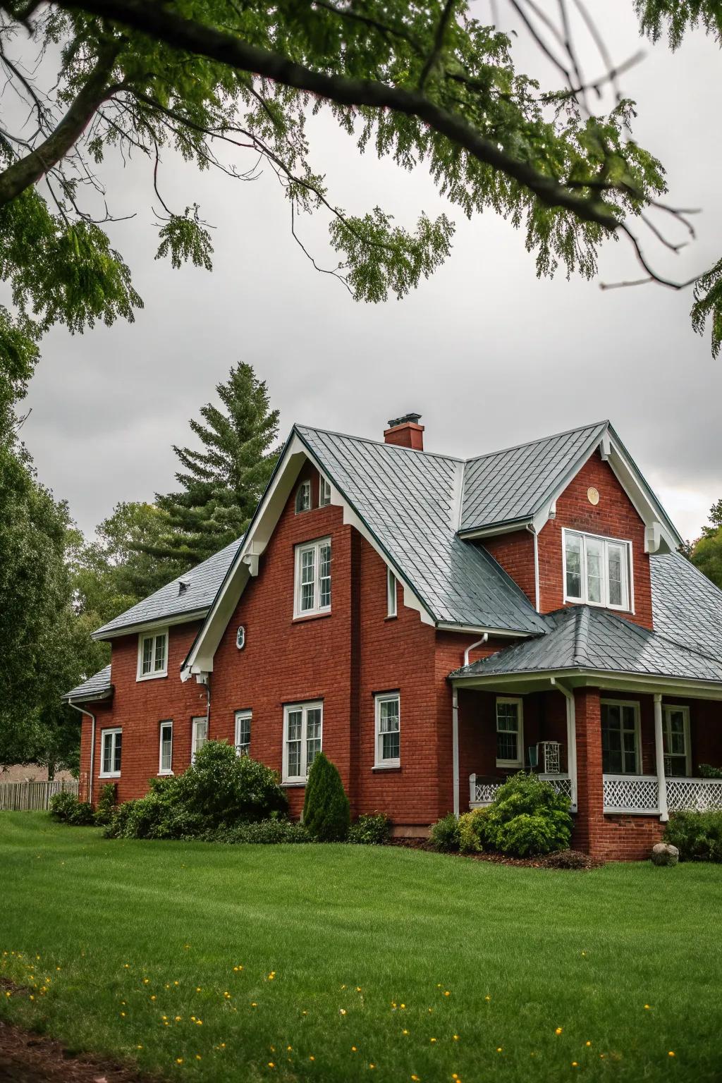 A pitched roof imparts character to this red brick home.