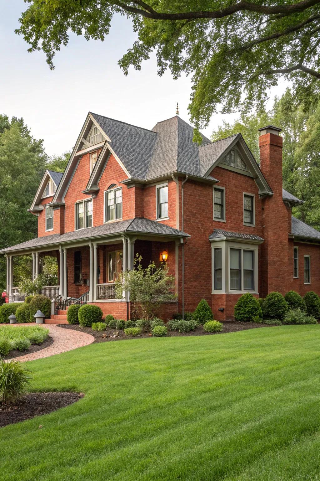 Subtle gray trim offers a harmonious and elegant look to red brick exteriors.