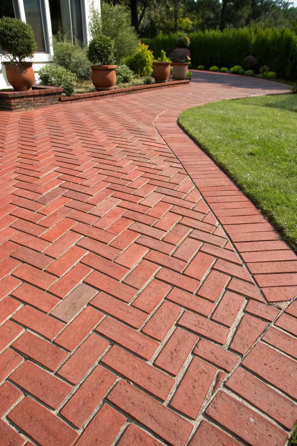 A red brick patio showcasing a detailed herringbone pattern