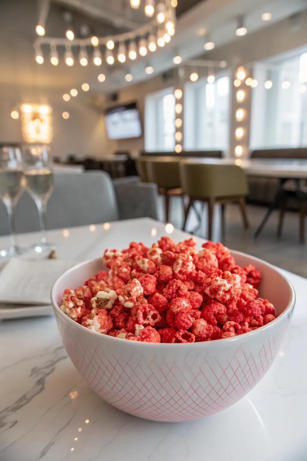 Red popcorn adds a whimsical spin to classic snacks.
