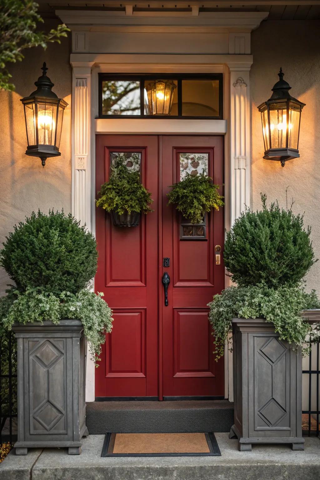 Symmetrically styled crimson door with matching decor elements.