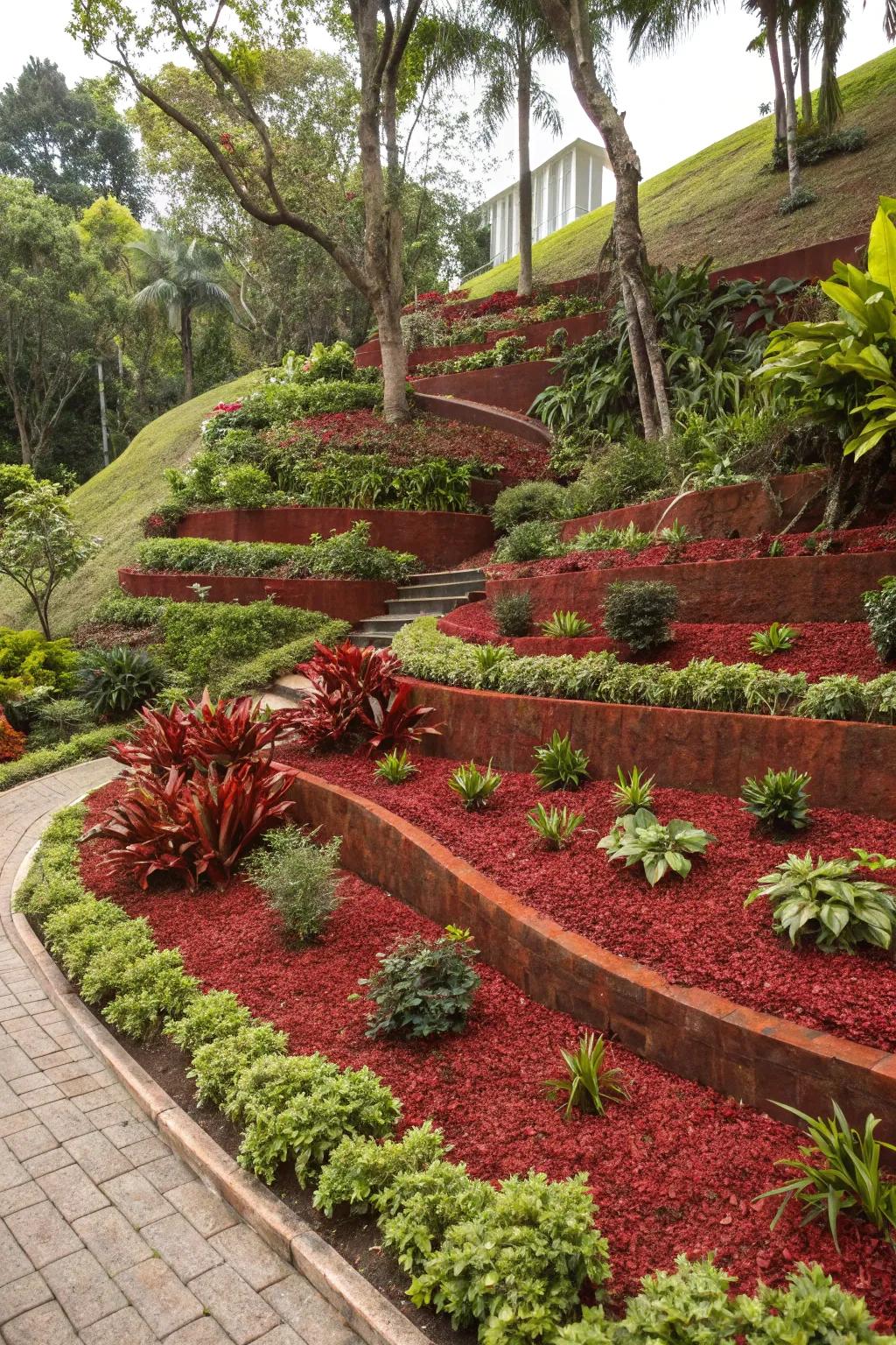 Vibrant mulch in layered gardens adds depth and a structured appearance.