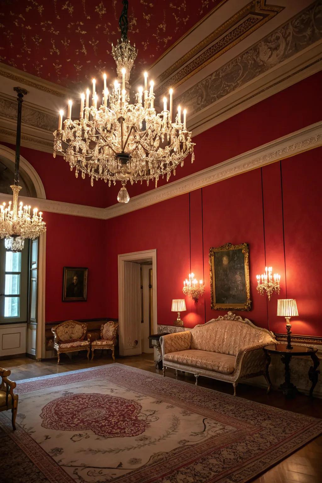 Dramatic lighting highlights the rich shades of red within this stylish room.