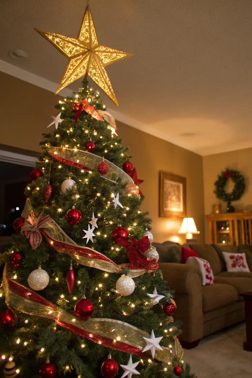 A gilded star crowns the tree, introducing celestial grace.