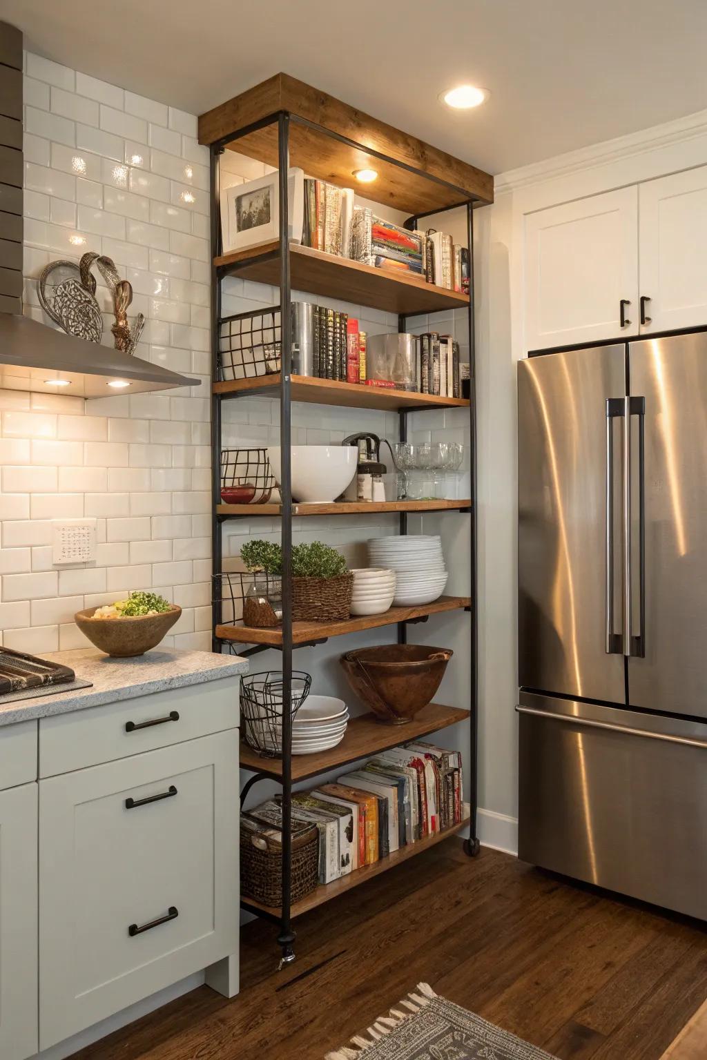 Decorative shelving surrounding your refrigerator amplifies the room's character and efficiency.