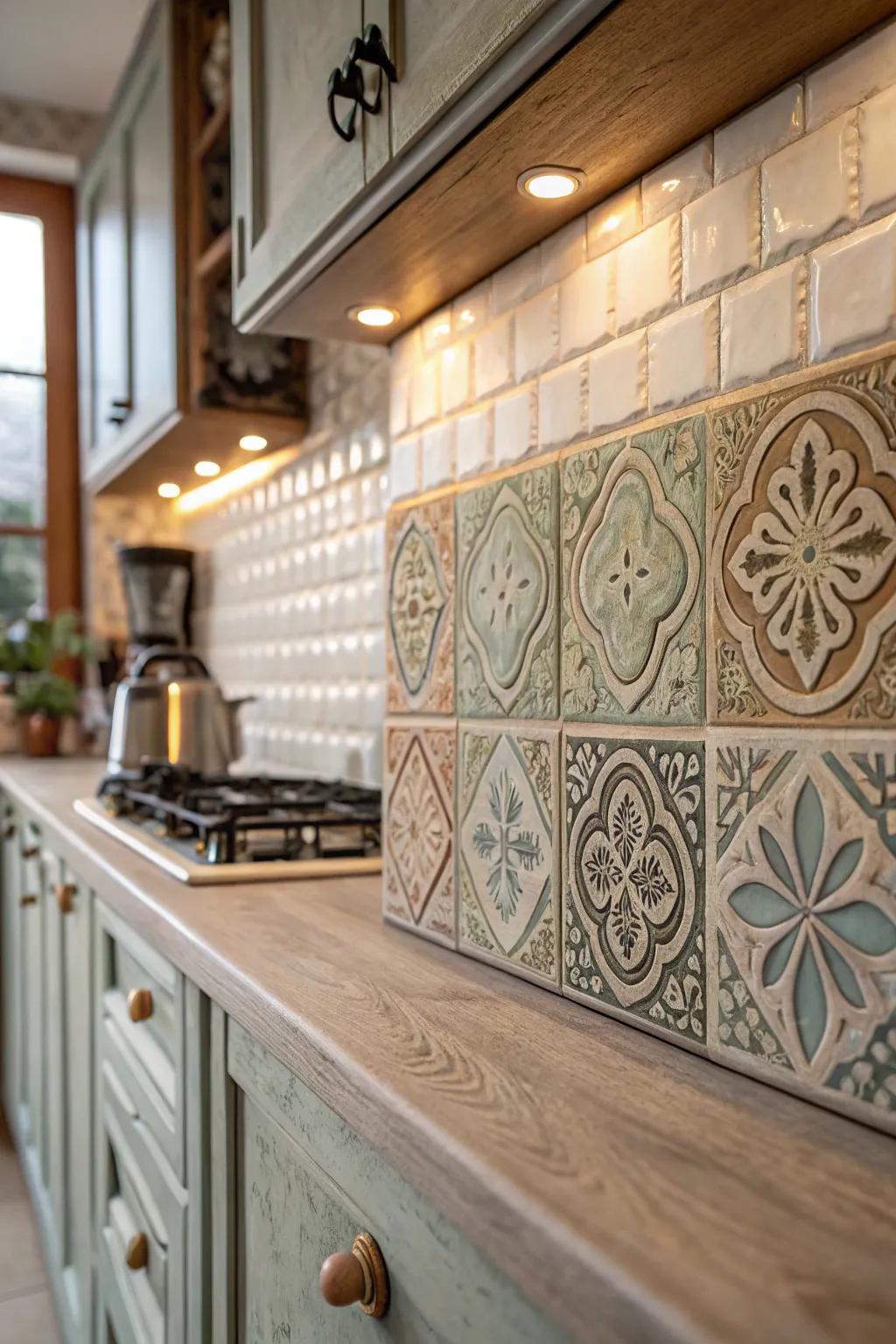 Vintage-style tiles add enduring elegance to the cooking area.