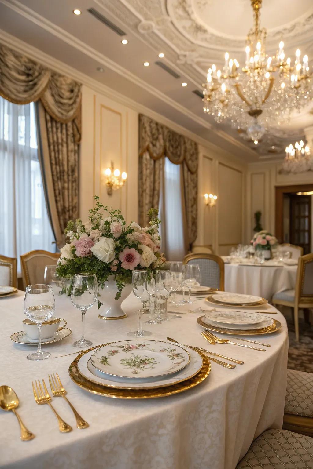 Delicate stoneware and gilded flatware elevate the table display.