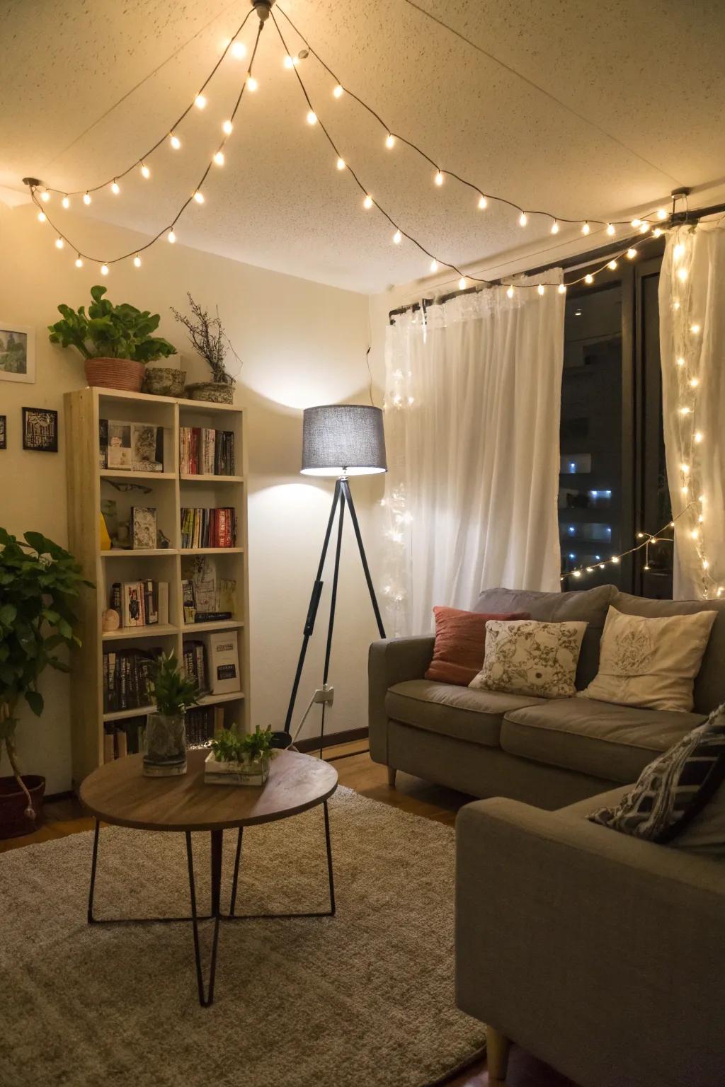 Inventive lighting enhances ambiance without permanent fixtures.